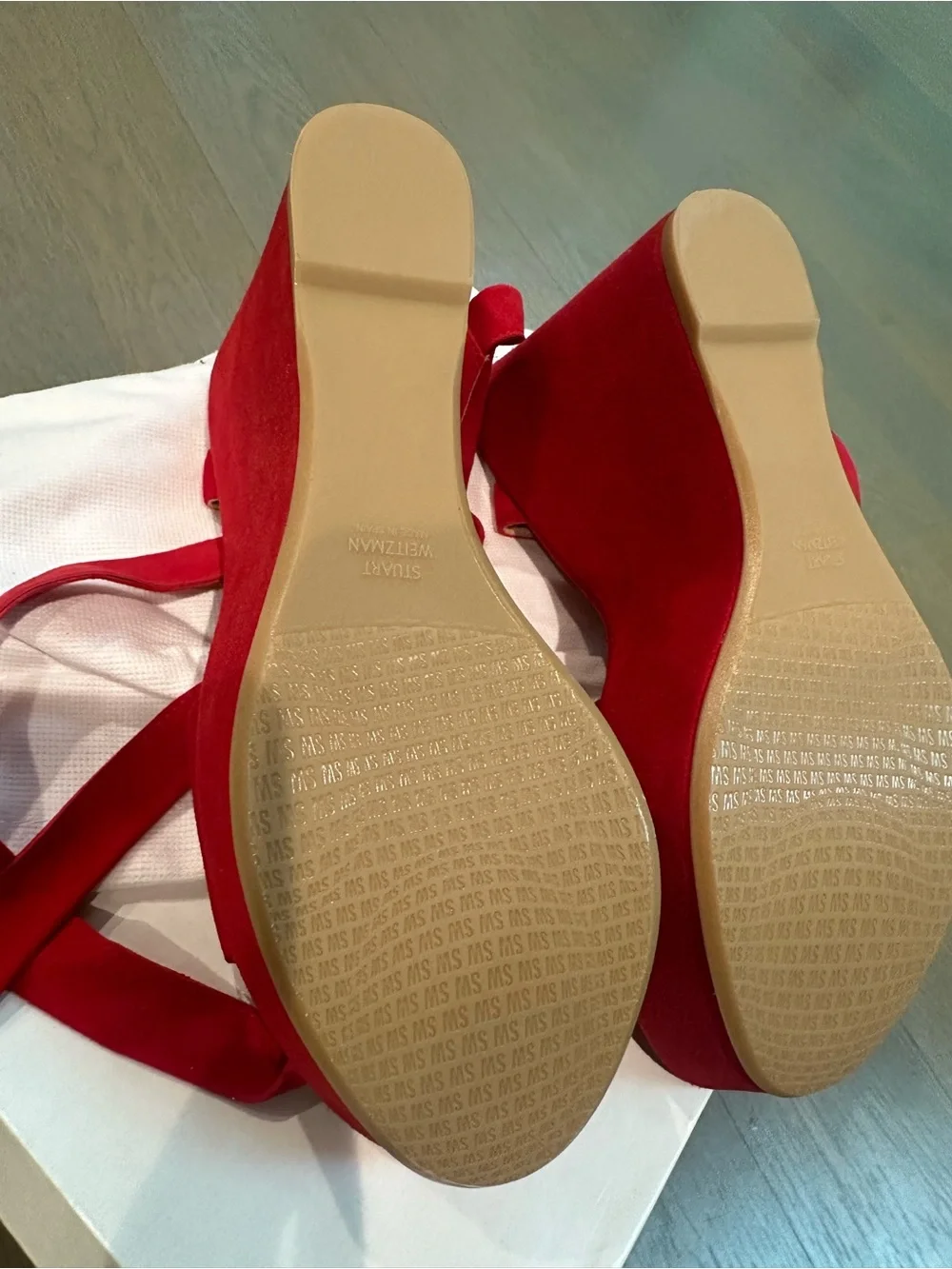 Stuart Weitzman NWOT  $450 Women Red Suede Ankle Wrap Backtie Wedge - Picture 6 of 7